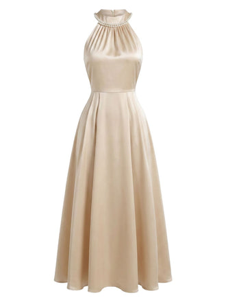 Champagneres 30er Ärmelloses Satin-Midikleid mit Neckholder und Perlen