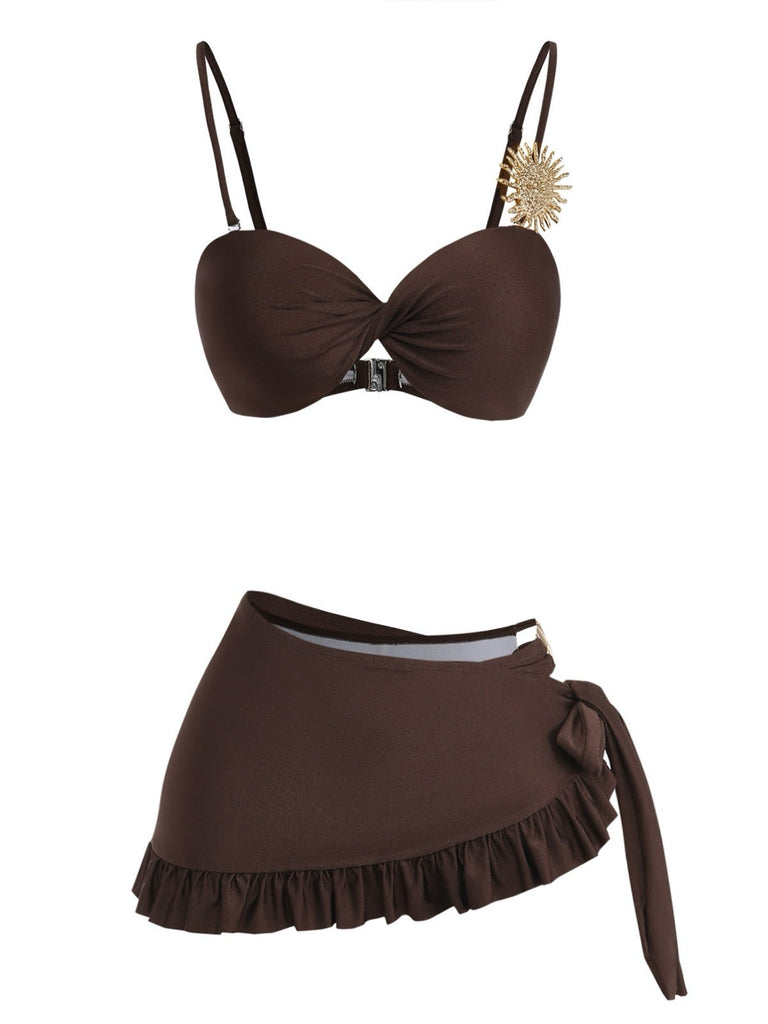 80er Satin-Bikini-Set mit Rüschen und Sonne