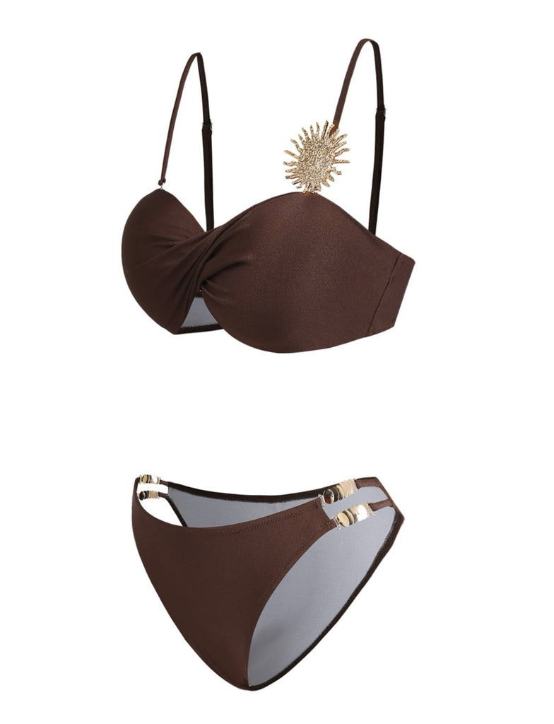 80er Satin-Bikini-Set mit Rüschen und Sonne