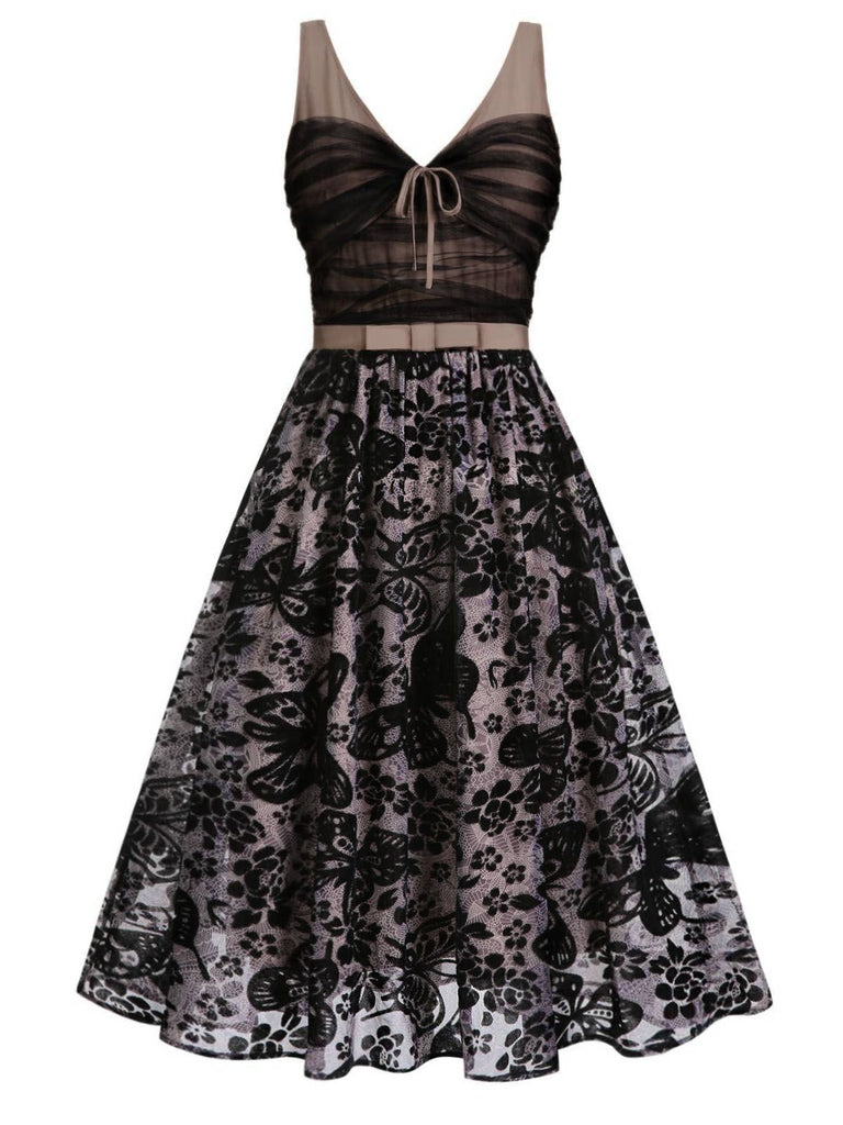[CZ Lager] Schwarz 1950er Schmetterling Netz Nähte Kleid