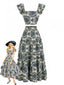 70er Set mit Top und Maxirock, eckigem Ausschnitt und Flatterärmeln in Blumen-Print