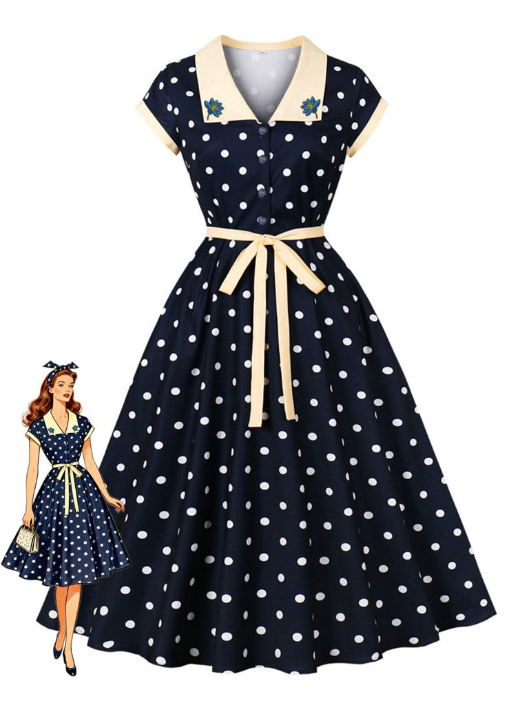 Blaues 50er Swingkleid mit Polka-Dots und Blumen