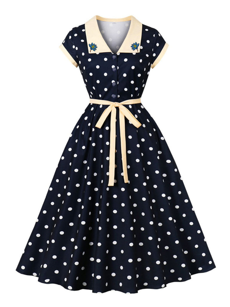 Blaues 50er Swingkleid mit Polka-Dots und Blumen