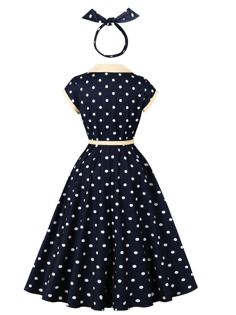 Blaues 50er Swingkleid mit Polka-Dots und Blumen