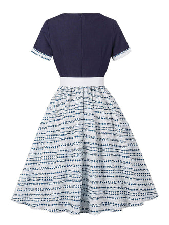 Dunkelblaues 50er Swingkleid mit Print und Geometrisch