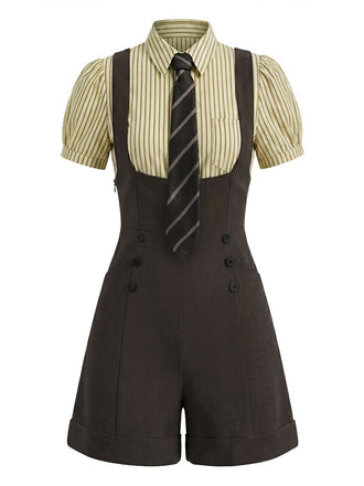 2PCS Khaki 1940er Streifen Bluse & Straps Shorts