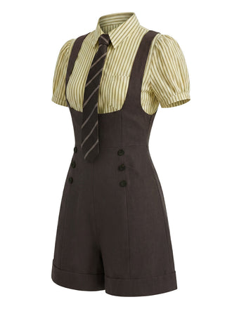 2PCS Khaki 1940er Streifen Bluse & Straps Shorts