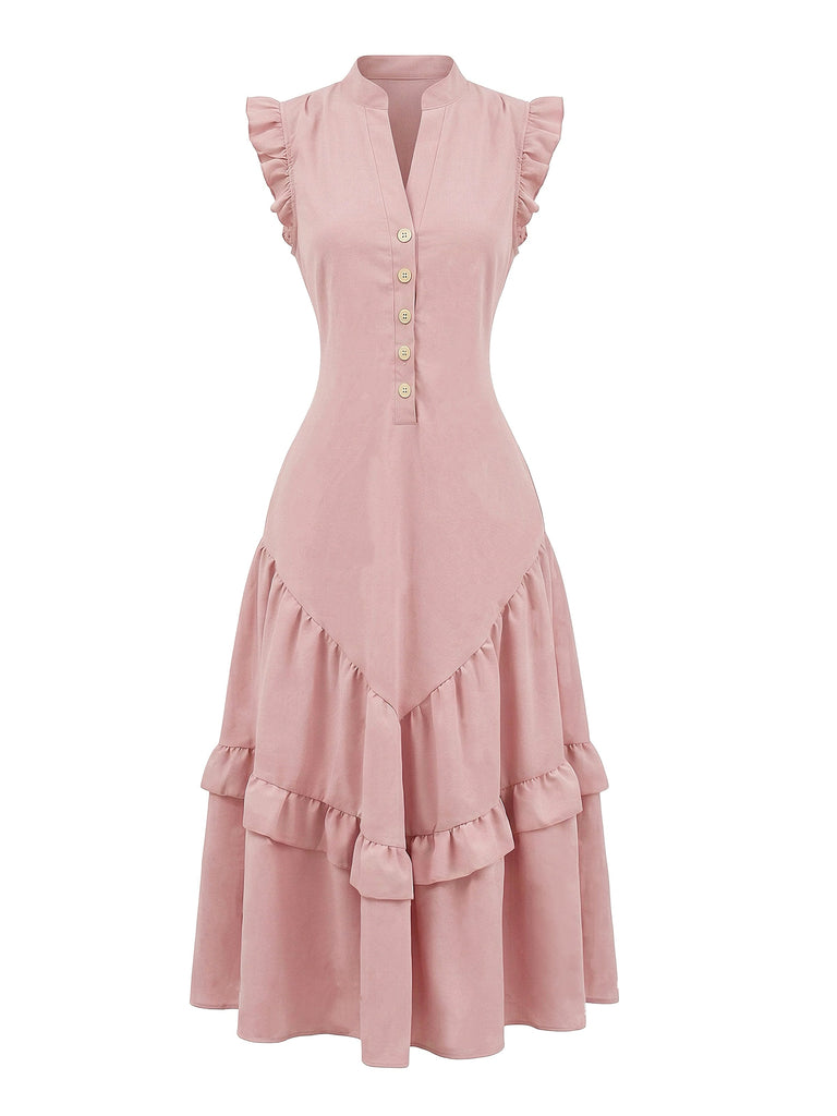 Dunkelrosaes 50er Ärmelloses Baumwoll-Swingkleid mit Leinen