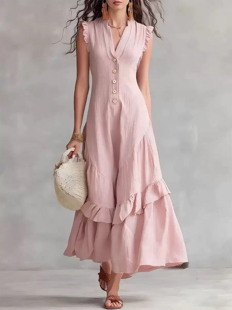 Dunkelrosaes 50er Ärmelloses Baumwoll-Swingkleid mit Leinen