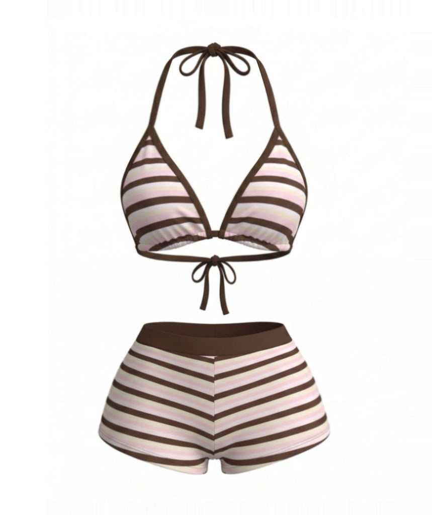 DunkelRosa 1980er Spitze Up Streifen Bikini-Set