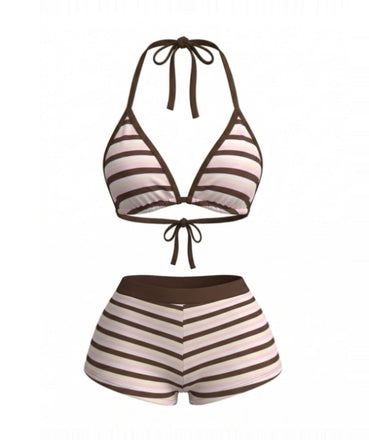 DunkelRosa 1980er Spitze Up Streifen Bikini-Set