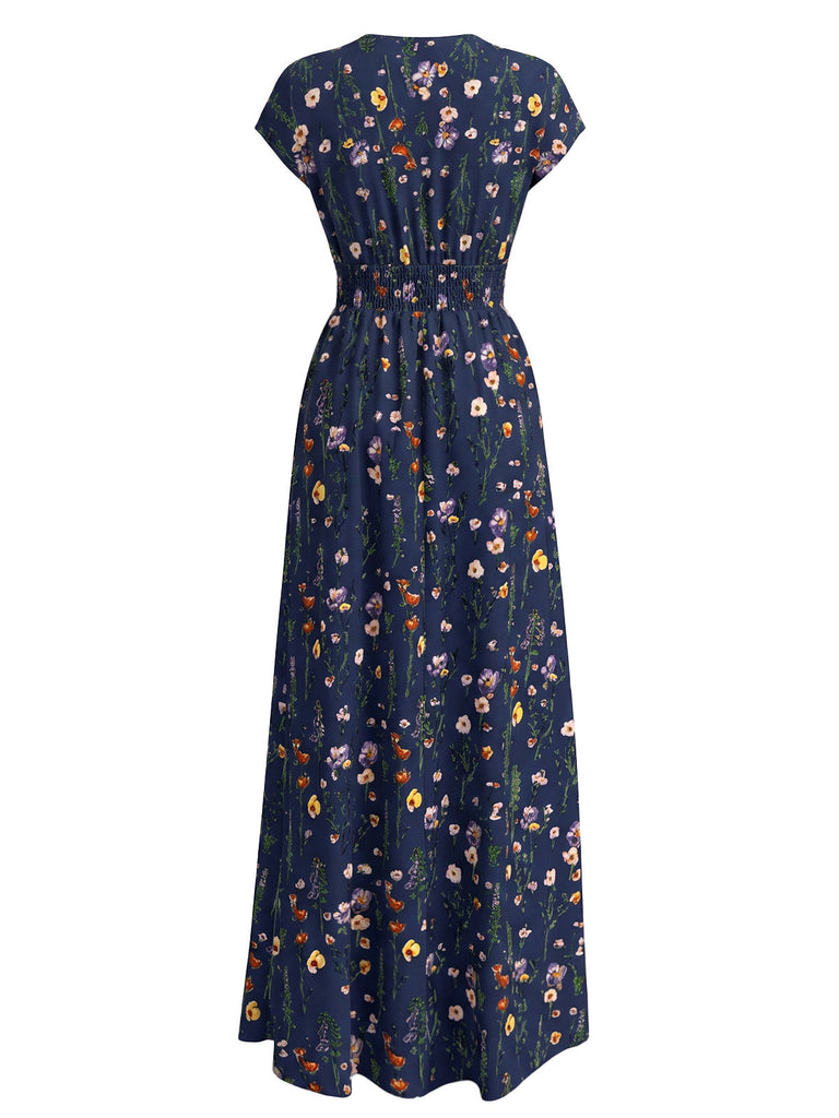 40er Maxikleid mit V-Ausschnitt und Blumen