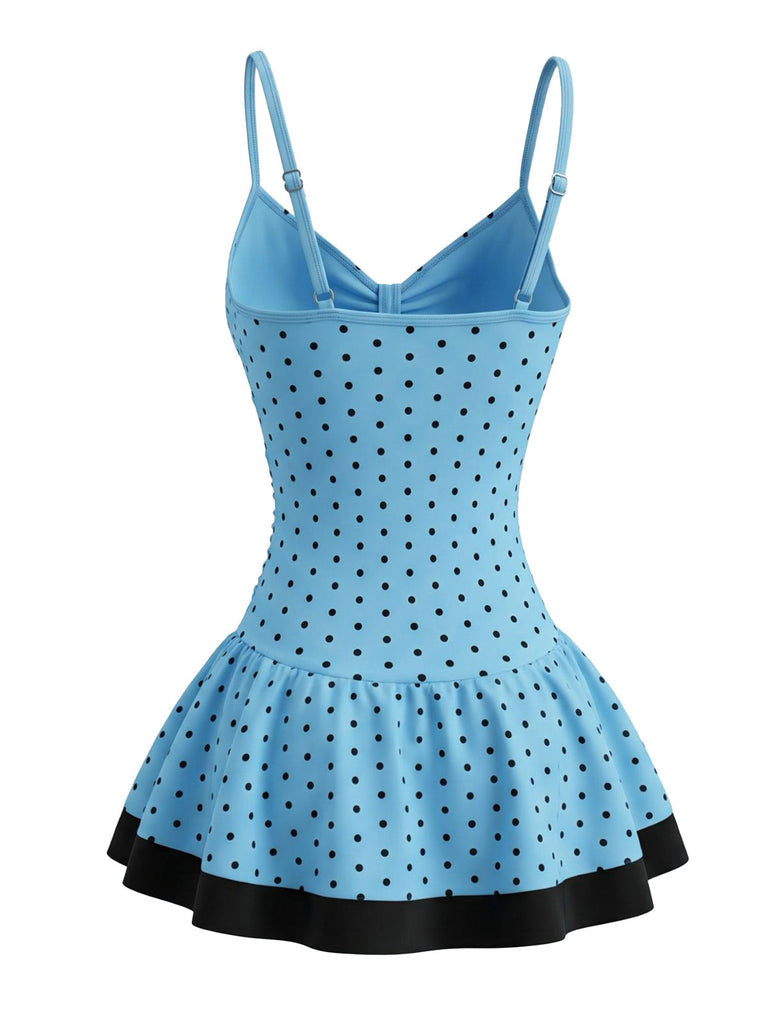 Himmelblaues 50er Badekleid mit Polka-Dots
