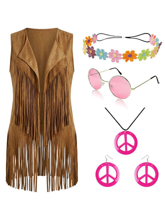 Dunkelkhaki 1970er Kunst Wildleder Quasten Disco Weste Set