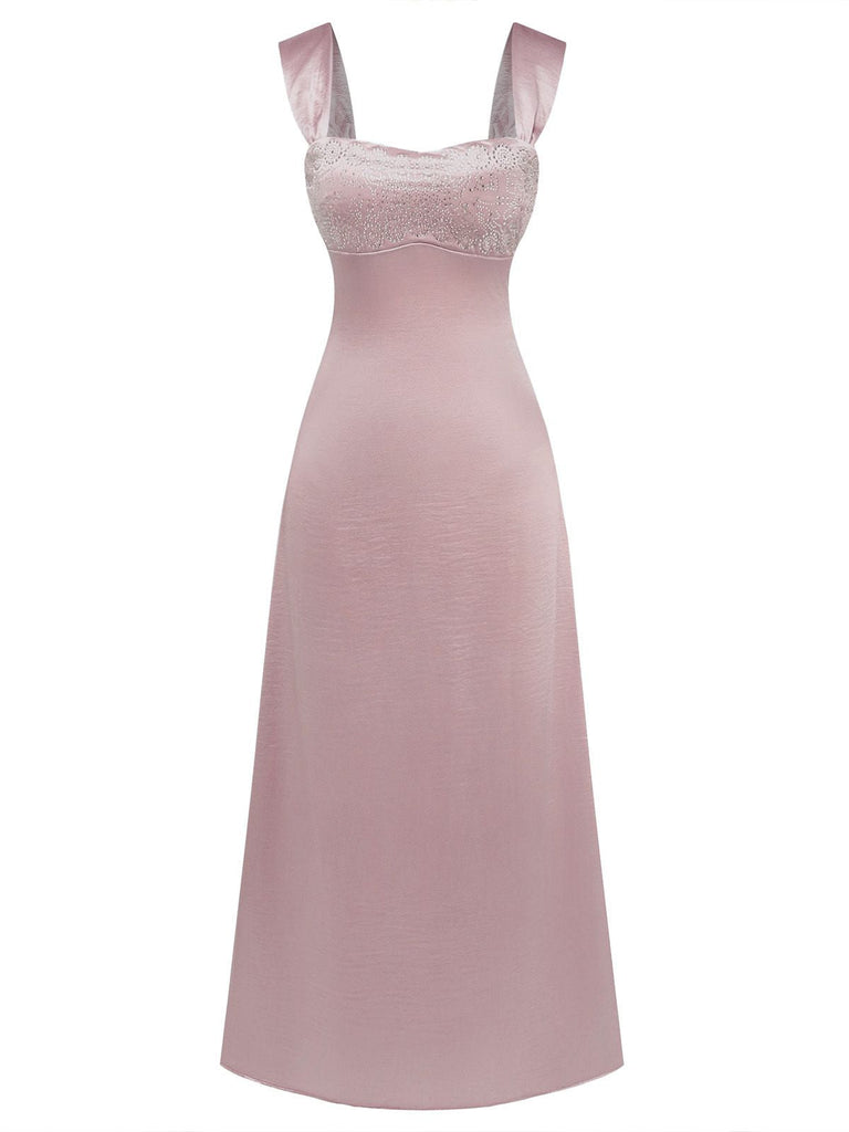 Dunkelrosa 1930er Satin Strassstein Breite Träger Maxi Kleid