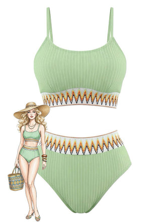 Eisgrün 1950er Zigzag Muster Hochgeschnitten Gerippt Bikini Set