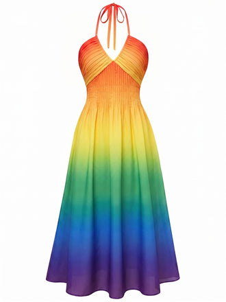 Regenbogen 40er Kleid mit V-Ausschnitt und Neckholder