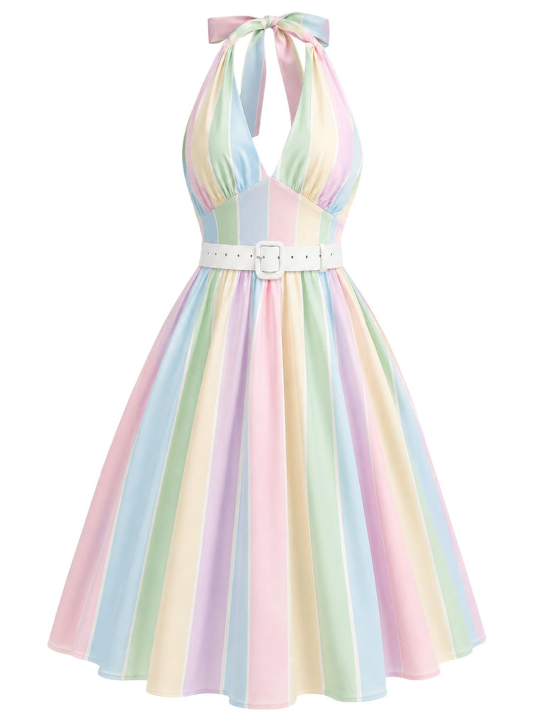 Regenbogen 50er Kleid mit Neckholder und Streifen