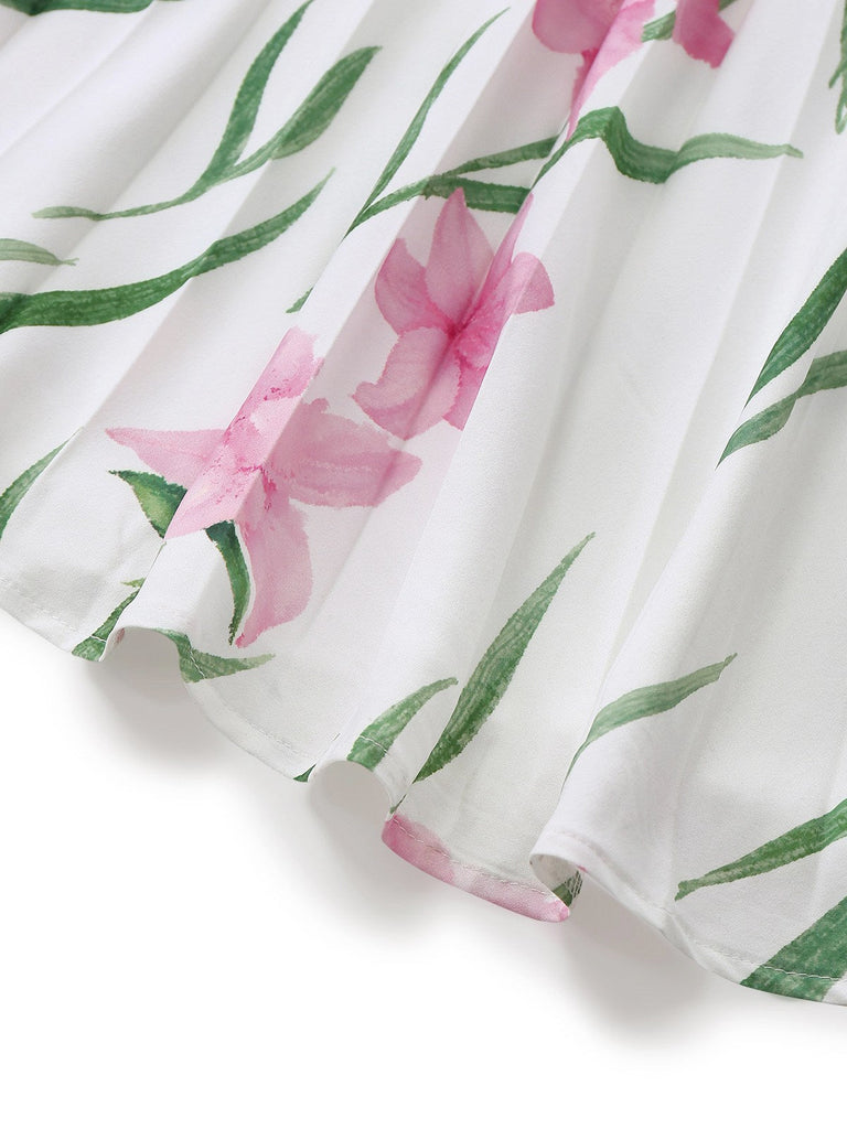 Weiß 1930er U-Ausschnitt Blumen Ärmellos Maxi Kleid