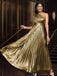 Gold 1980er Metallic Eine Schulter Plissiertes Party Kleid