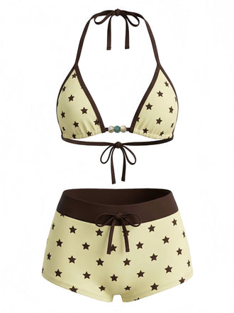 Gelb 1950er Schnür Halter Perlenbesetzt Polka Dot Bikini Set