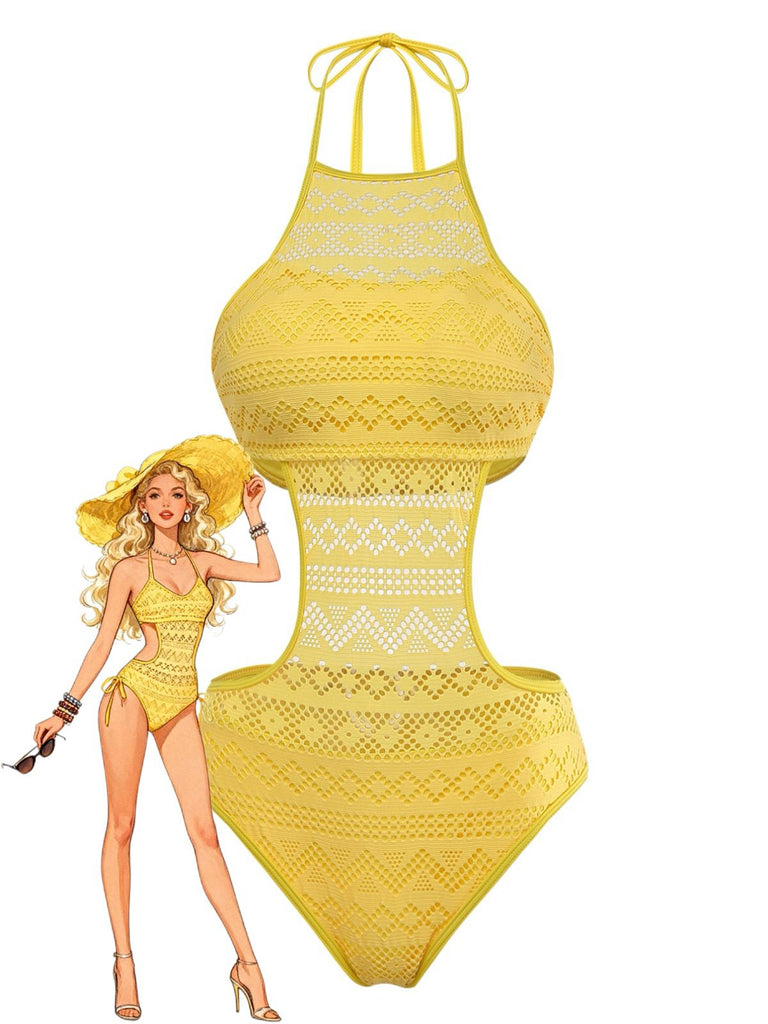 Gelb 1950er Uni Halter Cut-Out Einteiliger Badeanzug