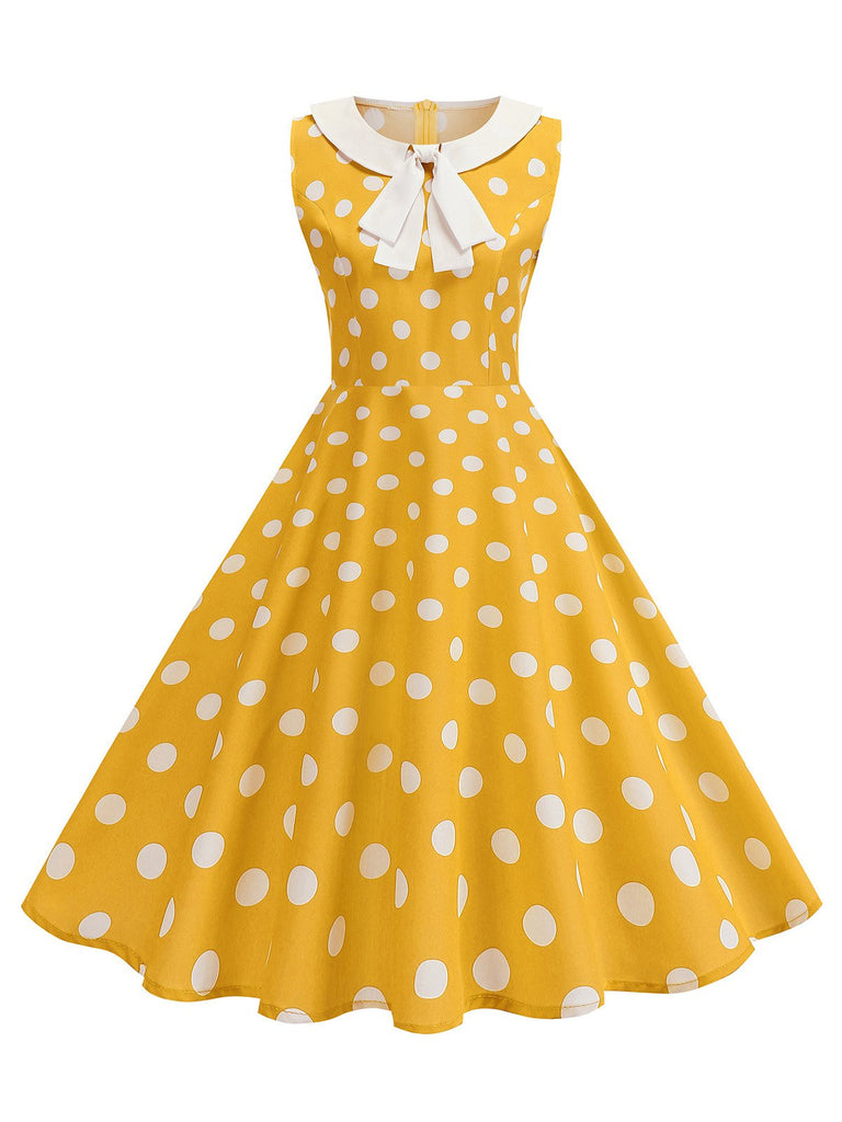 Gelb 1950er Polka Dot Peter-Pan-Kragen Ärmelloses Kleid