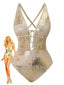 Gold 1970er Tiefer V Halter Distressed-Optik Strukturiert Badeanzug