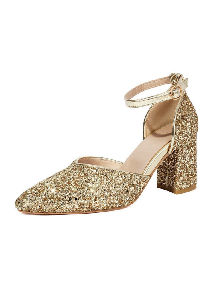 Glamouröse Pumps im Vintage-Stil mit spitzer Zehenpartie, schimmernden Glitzerdetails und stabilem Blockabsatz für besondere Anlässe und Partys