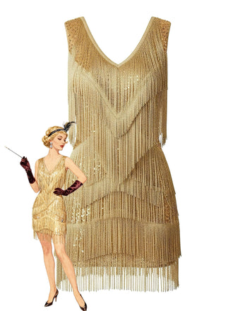 Gold 1920er Fransen Pailletten V-Ausschnitt Mini Kleid-model