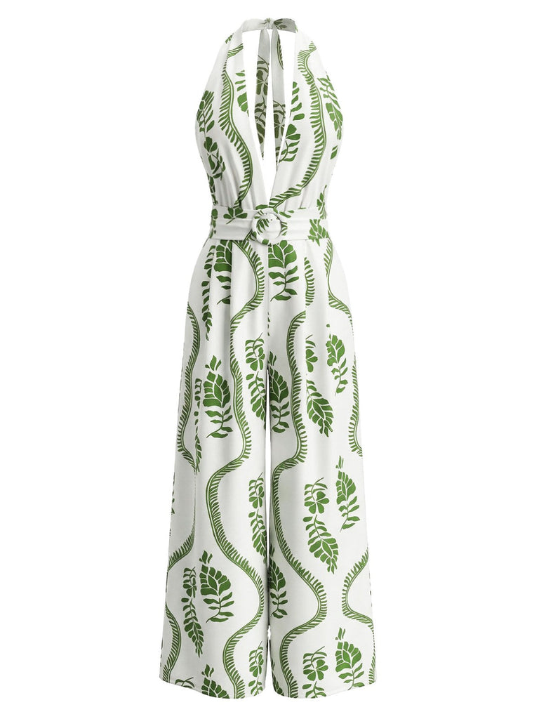 Grüner Jumpsuit im Stil der 1930er Jahre mit Blättermuster, Neckholder und tiefem V-Ausschnitt am Rücken