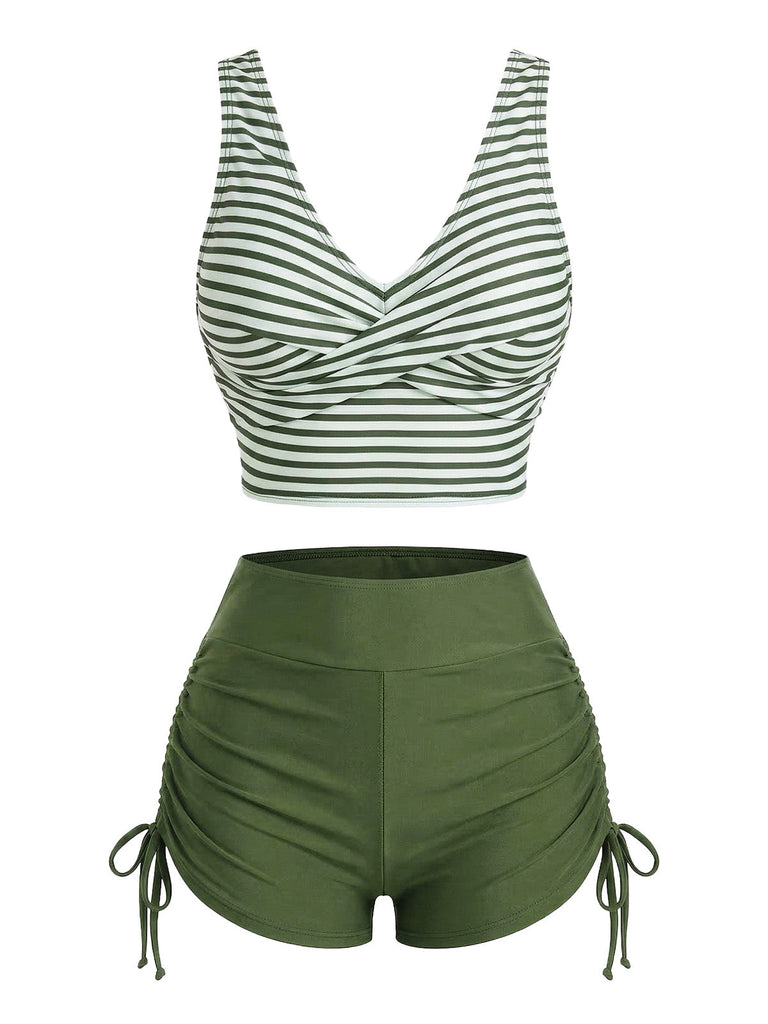 Tankini-Set mit gekreuztem Rückenausschnitt und hoher Taille aus den 1950er Jahren (4-teilig)