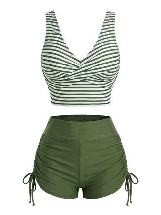 Tankini-Set mit gekreuztem Rückenausschnitt und hoher Taille aus den 1950er Jahren (4-teilig)