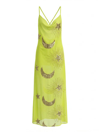 1970er Sheer Celestial Besticktes Pailletten Maxi Cover-Up Kleid