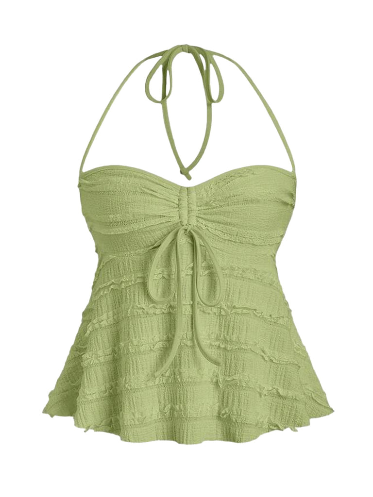 Robustes, strukturiertes Babydoll-Top im Y2K-Neckholder-Stil. Das schmeichelhafte, geraffte Oberteil ist ideal für legere Anlässe oder Retro-Partys.
