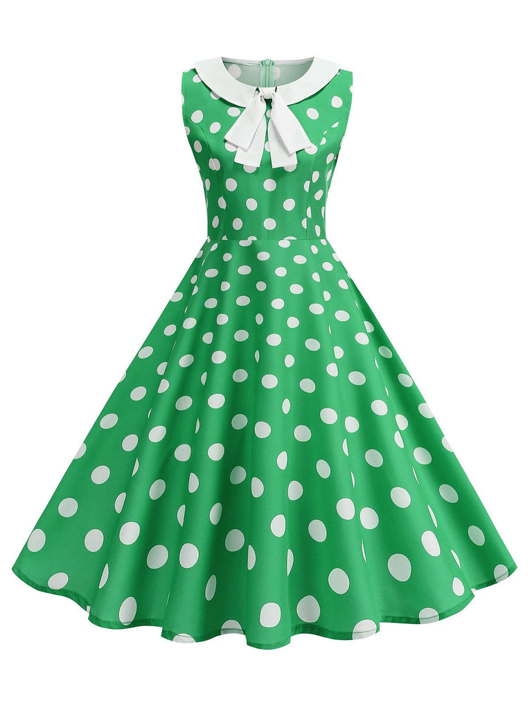 Grün 1950er Polka Dot Peter-Pan-Kragen Ärmelloses Kleid