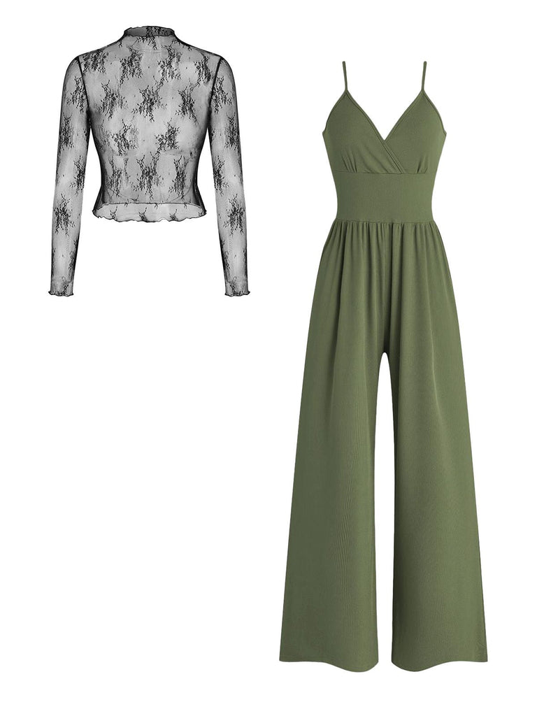 Das zweiteilige Set aus Spitzentop und weitem Jumpsuit in einem eleganten Olivgrün.