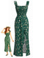 Grünes 30er Kleid mit Ditsy-Blumen und Eckiger Ausschnitt