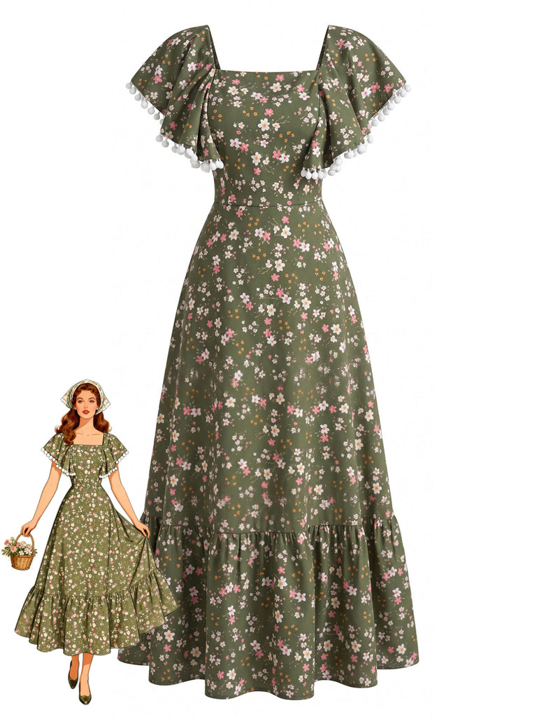 Grünes 40er Kleid mit Ditsy-Blumen und Eckiger Ausschnitt