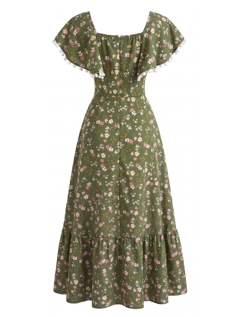 Grünes 40er Kleid mit Ditsy-Blumen und Eckiger Ausschnitt