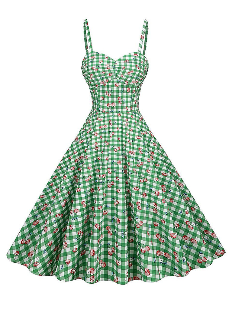 Grünes 50er Baumwoll-Kleid mit Spaghettiträger und Gingham