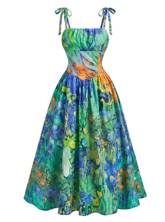 Grünes 50er Kleid mit Spaghettiträger und Blumen