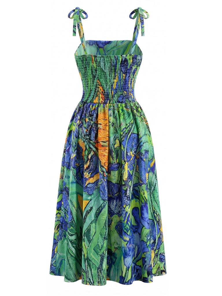 Grünes 50er Kleid mit Spaghettiträger und Blumen