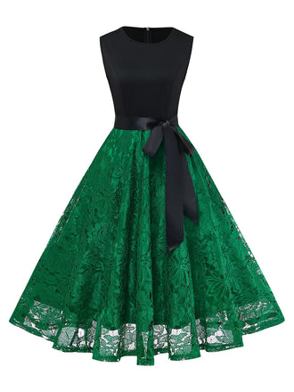 Grünes 50er Ärmelloses Swingkleid mit Farbblock und Spitze