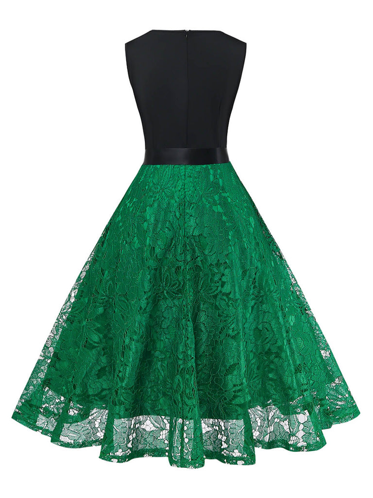 Grünes 50er Ärmelloses Swingkleid mit Farbblock und Spitze