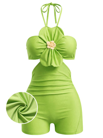 Grüner 60er Badeanzug mit Neckholder und Blumen