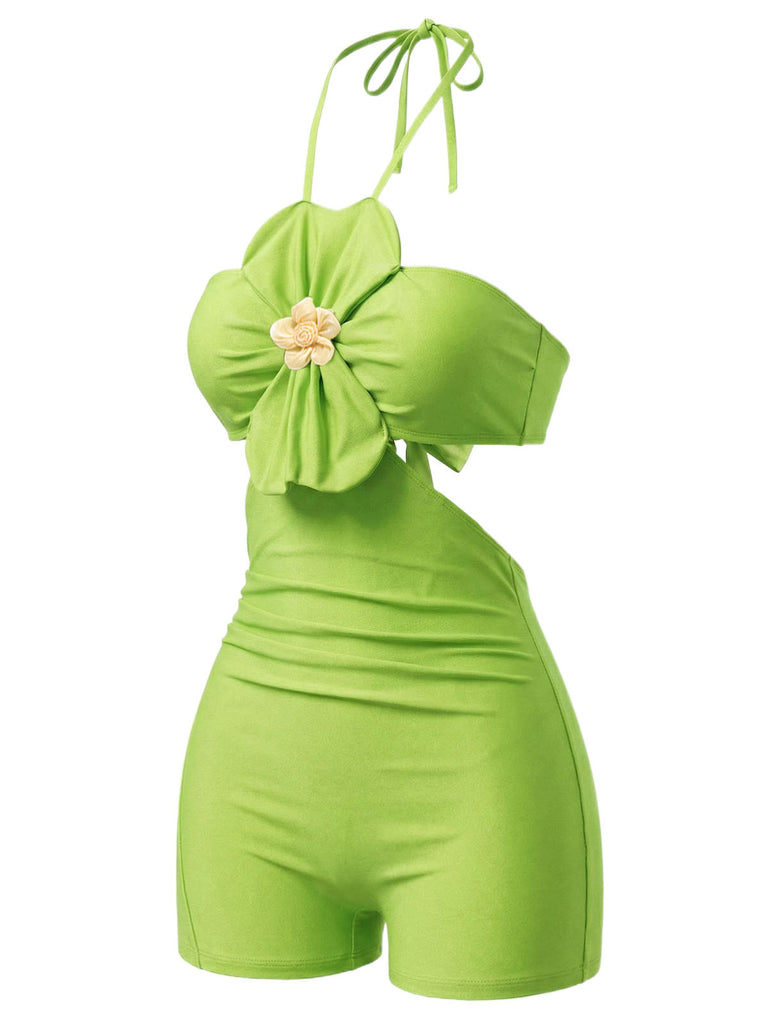 Grüner 60er Badeanzug mit Neckholder und Blumen