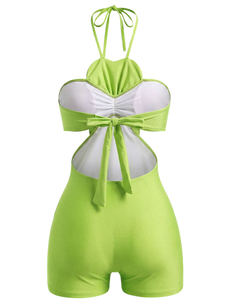 Grüner 60er Badeanzug mit Neckholder und Blumen