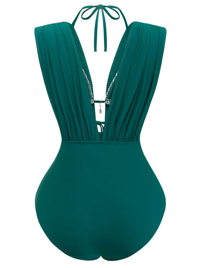 Grün-kariertes Neckholder-Bikini-Oberteil im Stil der 1960er-Jahre mit tiefem Ausschnitt und Raffungen – Rückansicht