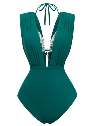 Retro-Karo-Neckholder-Bikini und tief ausgeschnittener, geraffter Badeanzug im klassischen 60er-Jahre-Design – perfekt für sommerliche Poolaktivitäten.